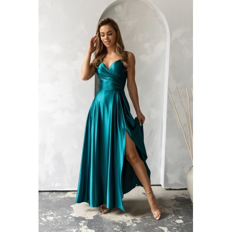 Zelené saténové dlouhé šaty na ramínka SATIN, Velikost 38, Barva Zelená Marconi 0030069