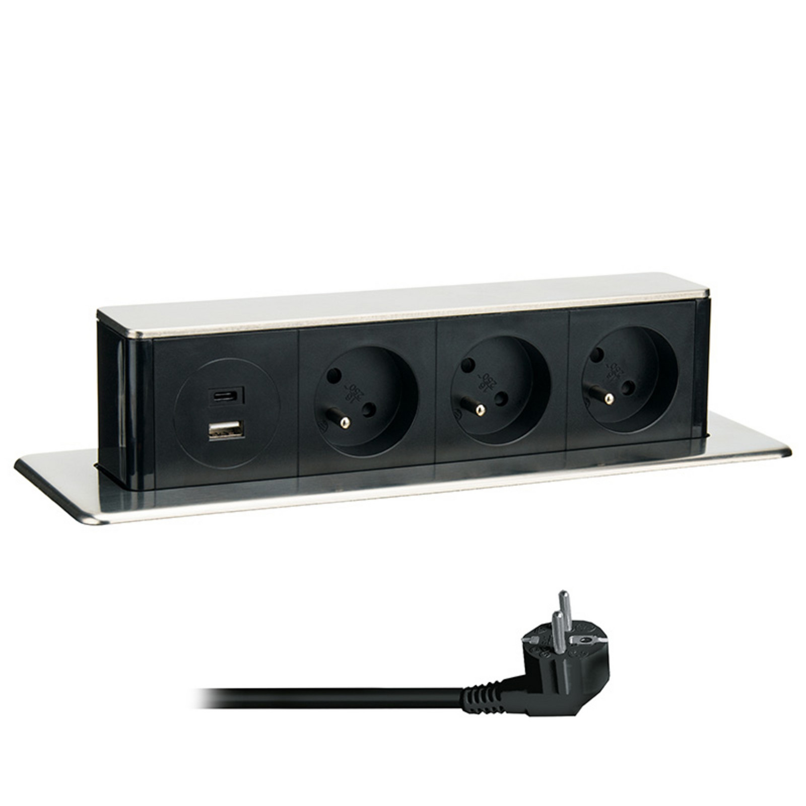 Solight 3z + USB A+C 20W PD výsuvný blok zásuvek, 2m, nerez ocel PP126C-PD20