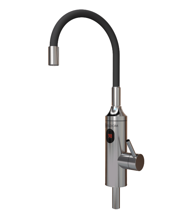 ELIZ E34 vodovodní baterie s integrovaným ohřevem vody 3,3kW a černým flexibilním ramenem , povrch jemně broušená nerez/černá (Průtokový ohřívač Elíz E 34)