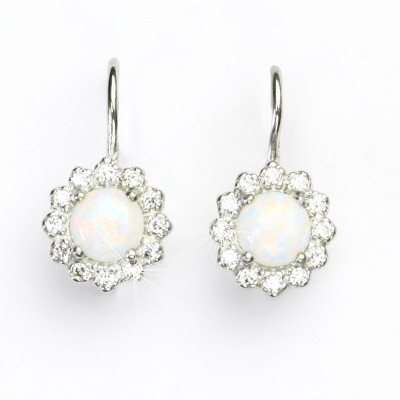 Stříbrné náušnice, čiré zirkony, bílý syntetický opál, NK 1495
