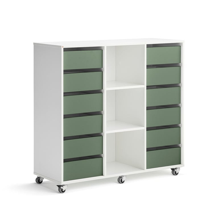 Skříňka CASPER, 12 zásuvek, 3 přihrádky, bílá, tmavě zelená