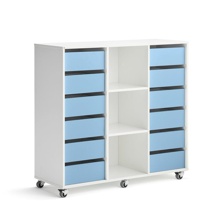 Skříňka CASPER, 12 zásuvek, 3 přihrádky, bílá, blankytně modrá