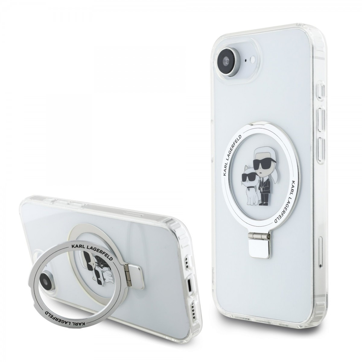 Zadní kryt Karl Lagerfeld Ringstand Karl and Choupette MagSafe pro iPhone 16e White