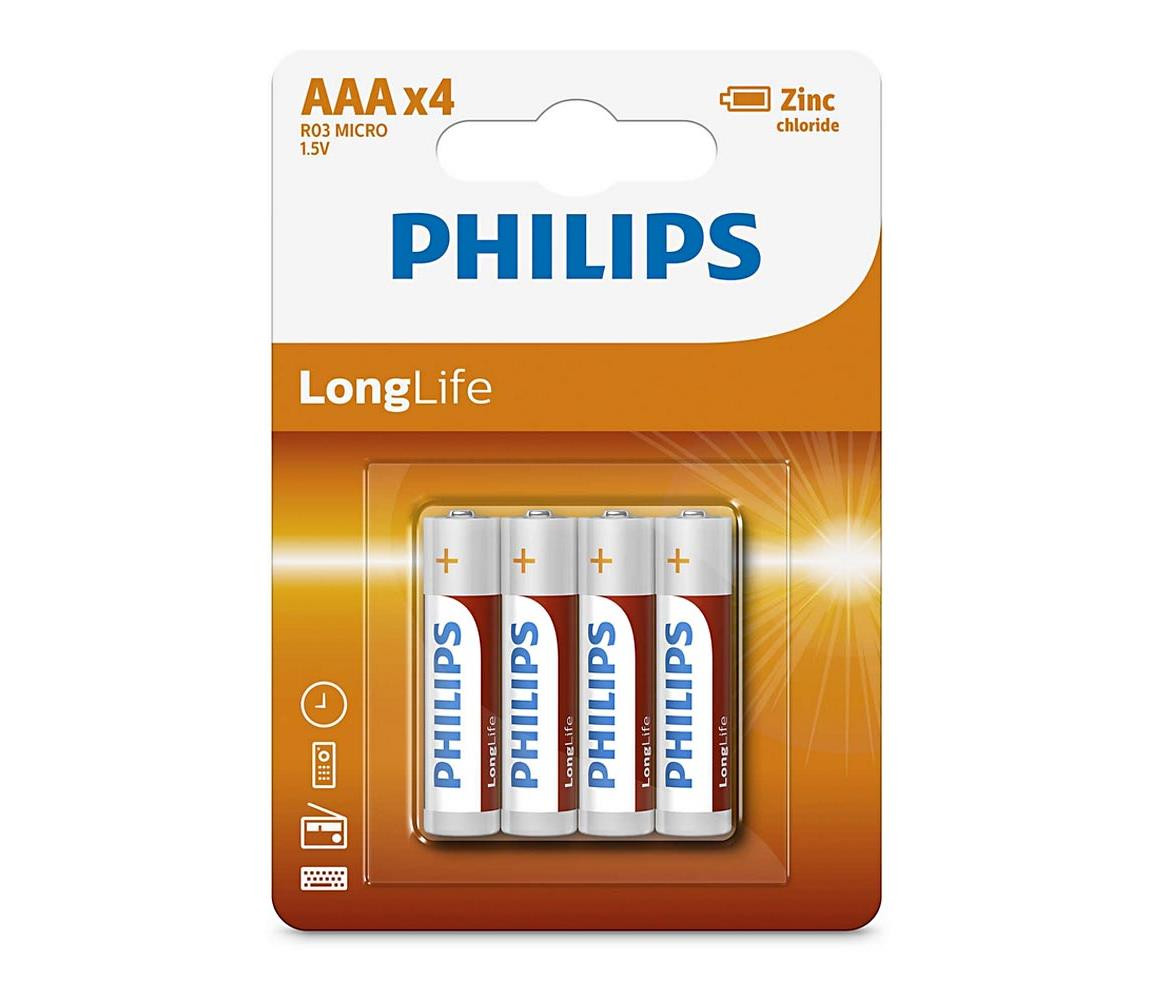 Philips Philips R03L4B/10 - 4 ks Zinkochloridová baterie AAA LONGLIFE 1,5V 450mAh