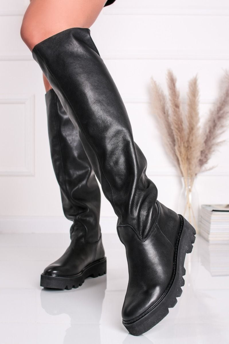 Černé kožené vysoké kozačky Lara