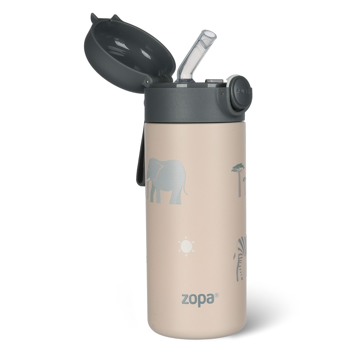 Zopa Termoska na tekutiny s brčkem a silikonovým držákem 350 ml, Safari