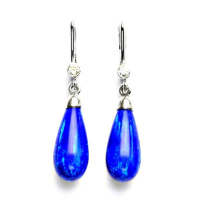 Stříbrné náušnice, tmavě modrý syntetický opál, čirý zirkon, NK 28/41