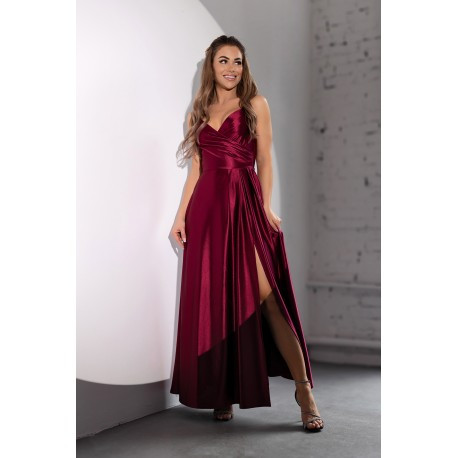 Bordó saténové dlouhé šaty na ramínka SATIN, Velikost 38, Barva Bordó Marconi 0030070