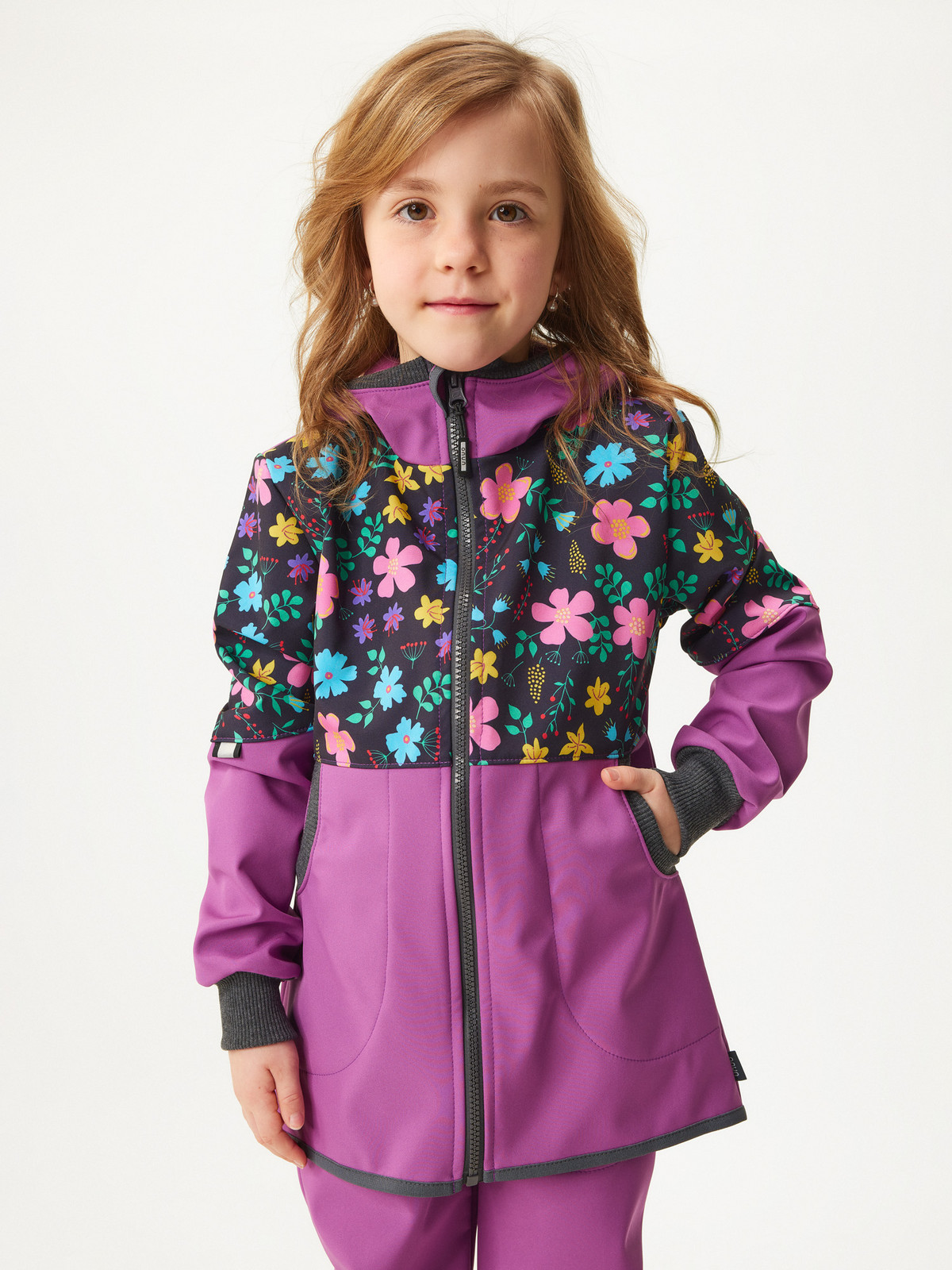 Unuo Dívčí softshellový kabát s fleecem Street, Ostružinová, Kytičky Velikost: 110/116 8596227153961