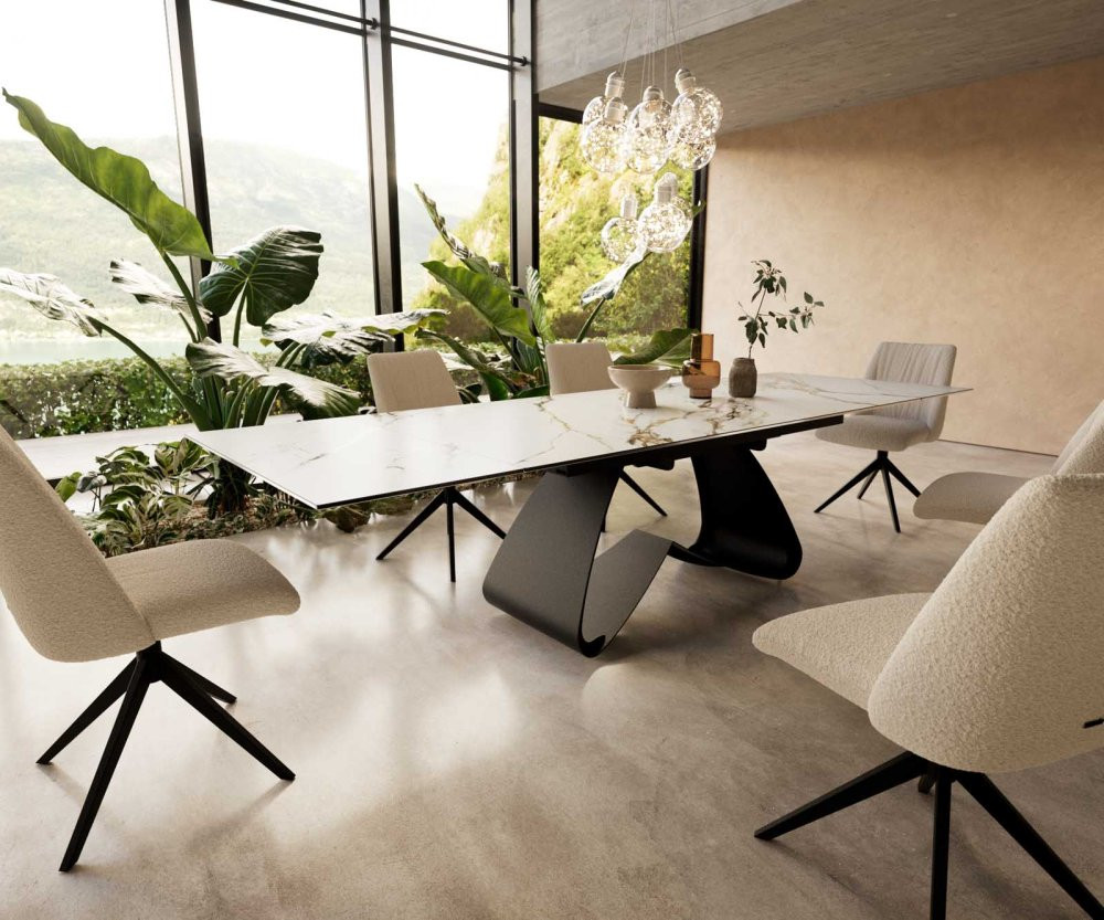 Jídelní stůl Edge 200-300x100 keramika Calacatta Luxe bílá-zlatošedá