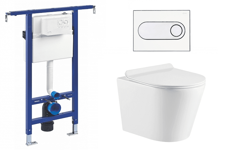 Liv-Fluidmaster Wc set Ring II Core podmítková nádrž do bytového jádra, rimless mísa, sedátko a bílé/chrom tlačítko 223125 - SET(222021, 223125, OLKLT053ER)