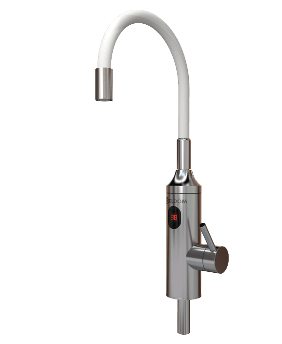 ELIZ E33 vodovodní baterie s integrovaným ohřevem vody 3,3kW a bílým flexibilním ramenem , povrch jemně broušená nerez/bílá (Průtokový ohřívač Elíz E 33)