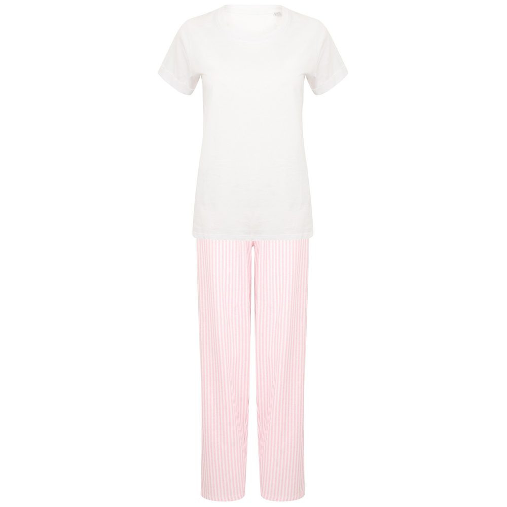 Towel City Dámské dlouhé bavlněné pyžamo v setu - Bílá / růžová | XS