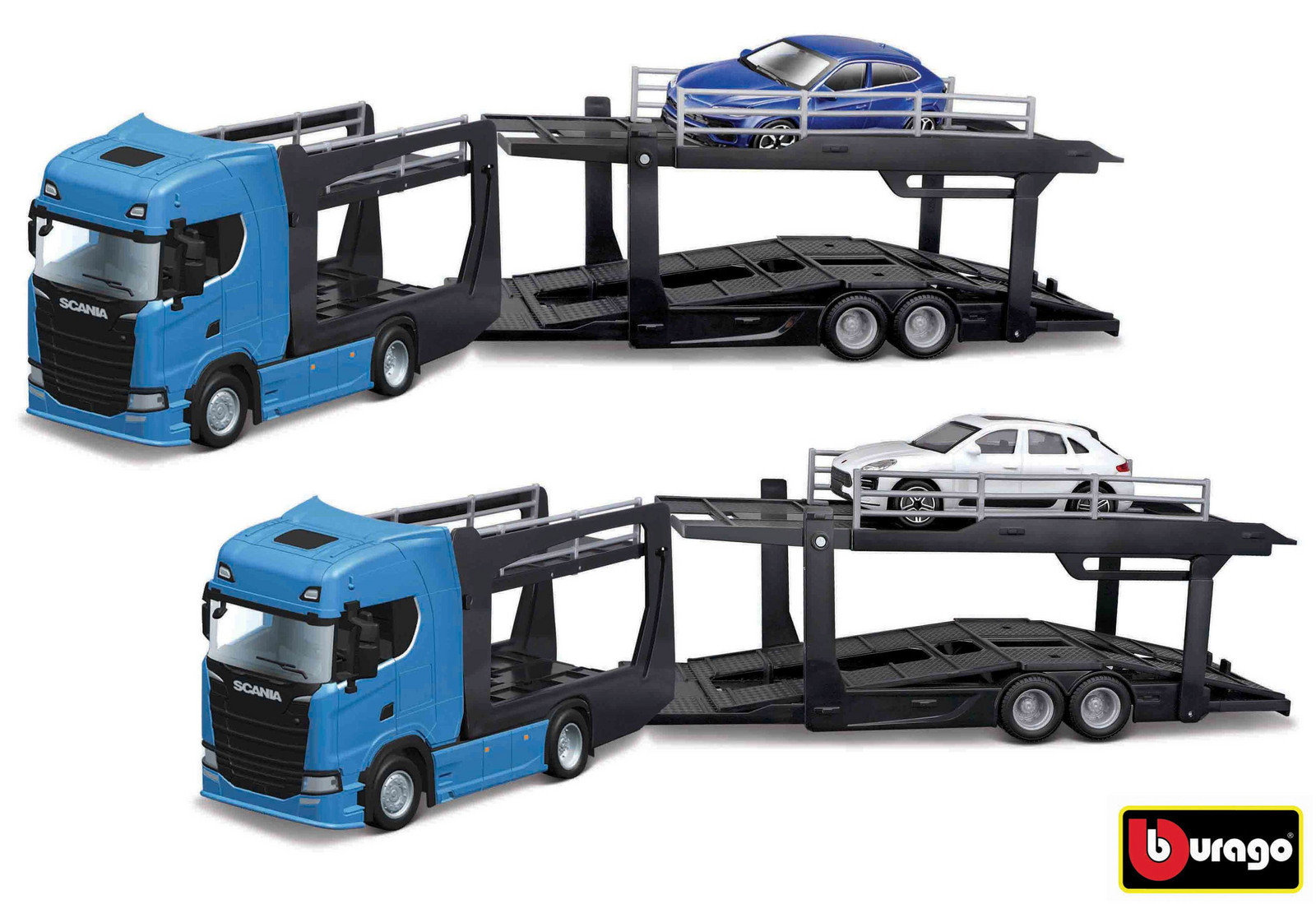 Bburago 1:43 Kamion Multicar Carrier Scania 770S Black + Lamborghini Urus