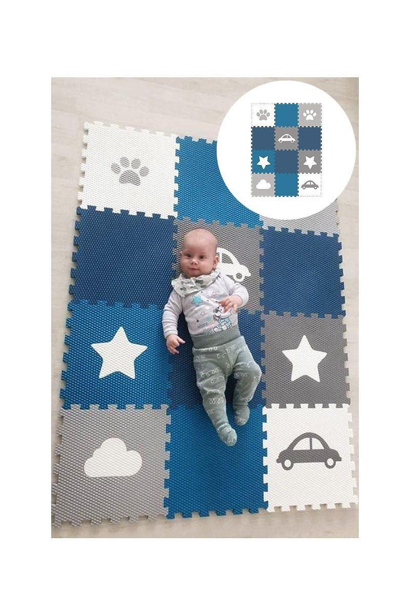 Pěnový koberec VYLEN 12 čtverec puzzle 90x130 cm bílá modrá