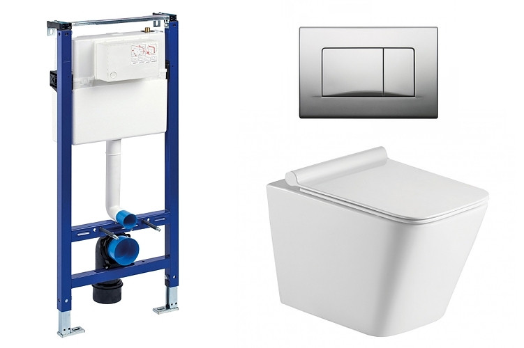 Liv-Fluidmaster Wc set Square Gips podmítková nádrž do sádrokartonu, mísa, sedátko a tlačítko mat. chrom 195866 - SET(195866, 223468, OLKLT052E)