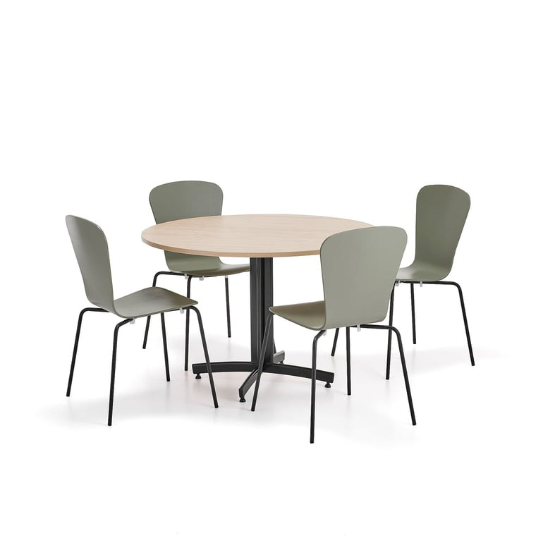 Sestava nábytku SANNA + MILLA, 1 stůl, 4 židle, černá/olivově zelená