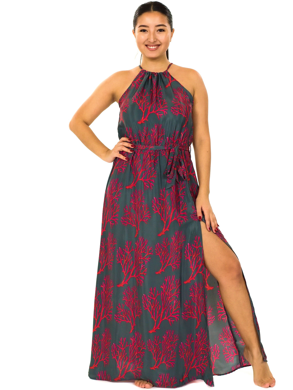 Himalife Dlouhé šaty s páskem Coral - šedá s červenou Velikost: XXL/3XL