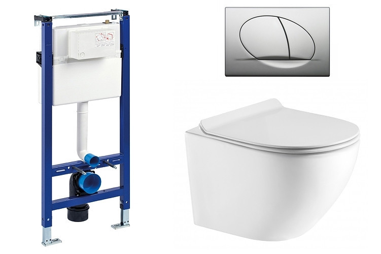 Liv-Fluidmaster Wc set Ring Gips podmítková nádrž do sádrokartonu, mísa, sedátko a mat. chrom tlačítko 195868 - SET(195868, 223468, OLKLT046E)