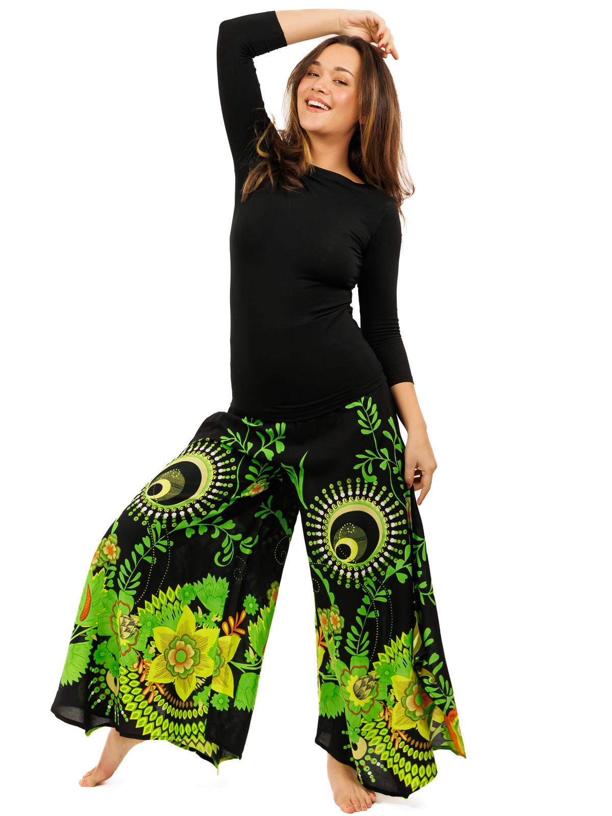 Himalife Široké kalhoty Tika - černé s limetkou Velikost: S/M