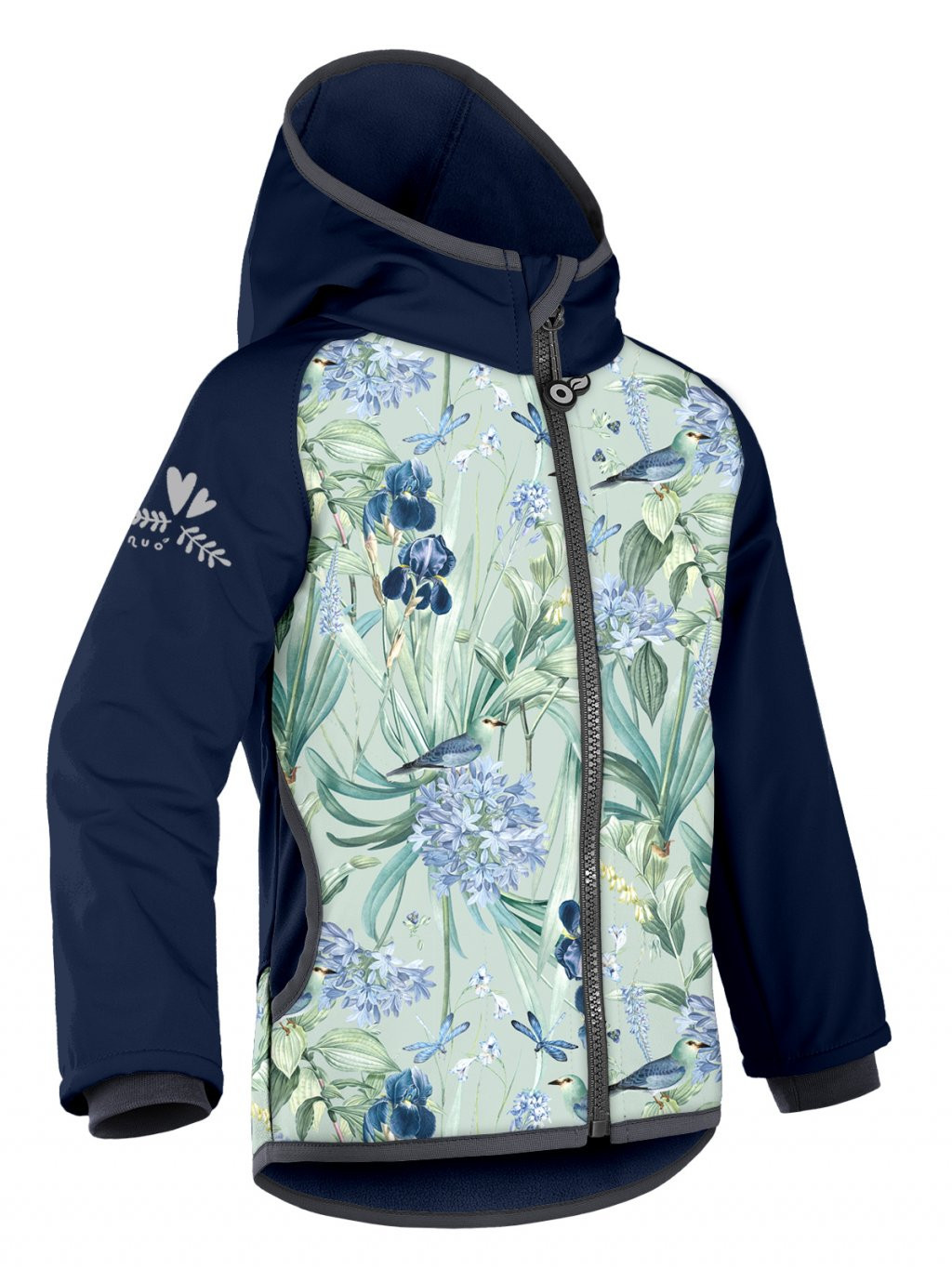 Unuo Unuo, Dětská softshellová bunda s fleecem Basic, Tm. Modročerná, Ptáčci s kosatci Velikost: 98/104 8596227128778