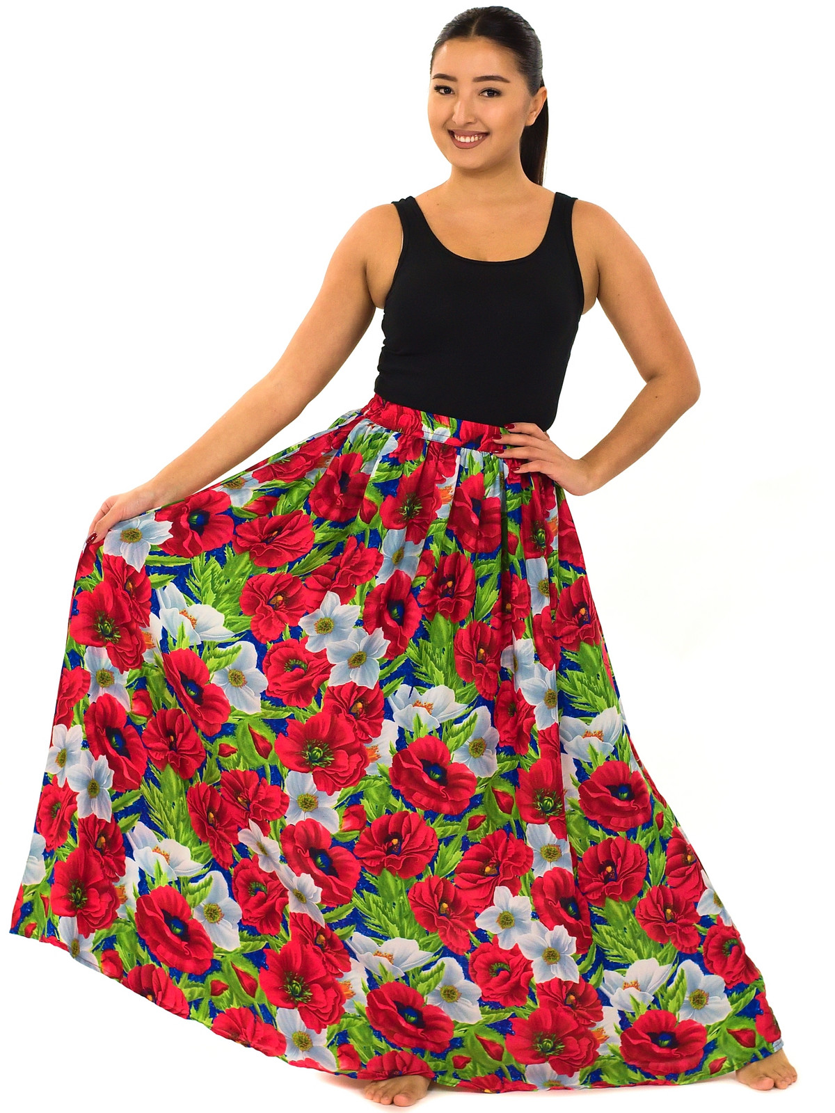 Himalife Maxi sukně s kapsami Vlčí mák - červená s bílou Velikost: S/M