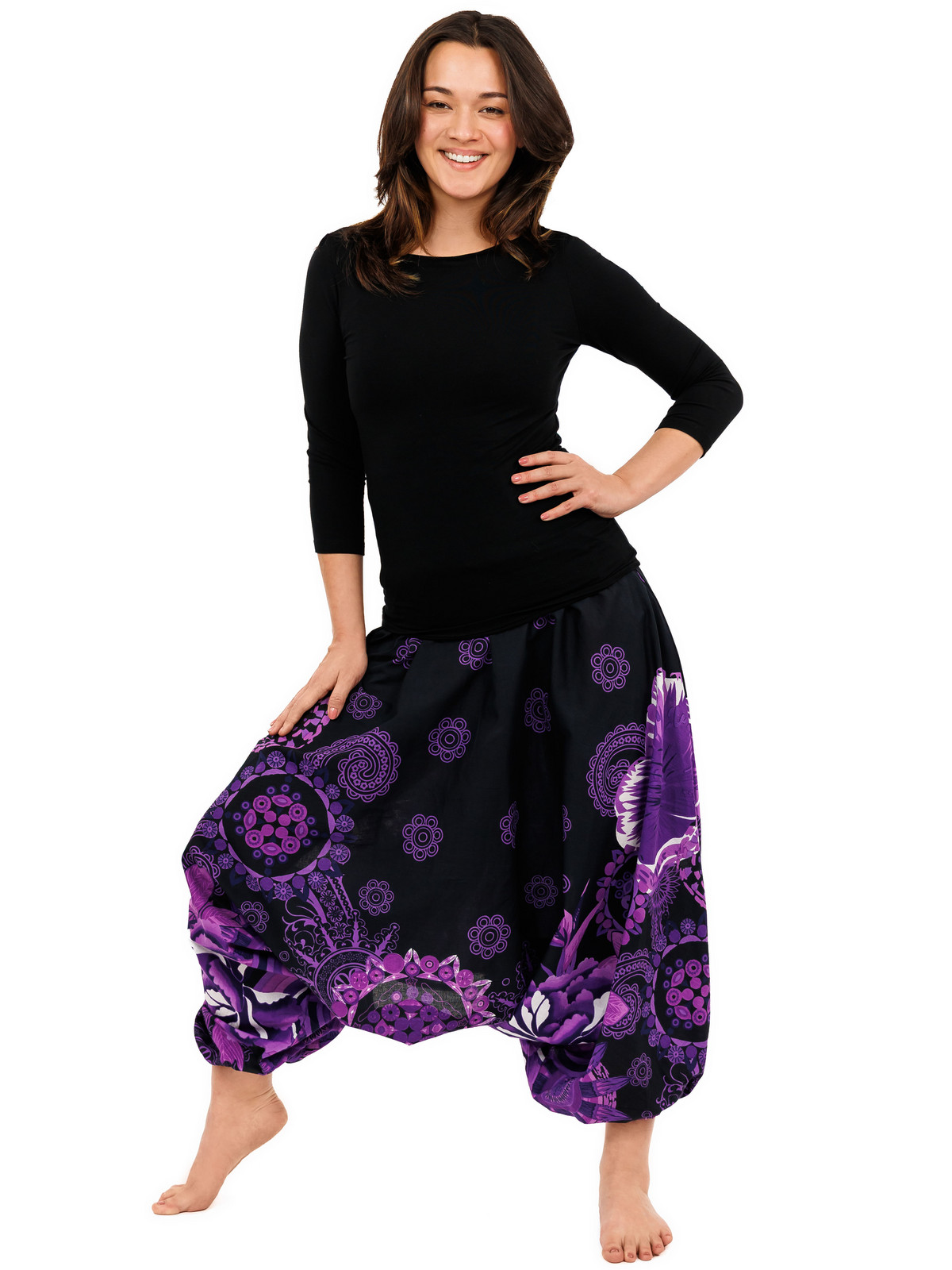 Himalife Kalhoty-šaty-top 3v1 Wailea - černé s fialovou Velikost: S/M