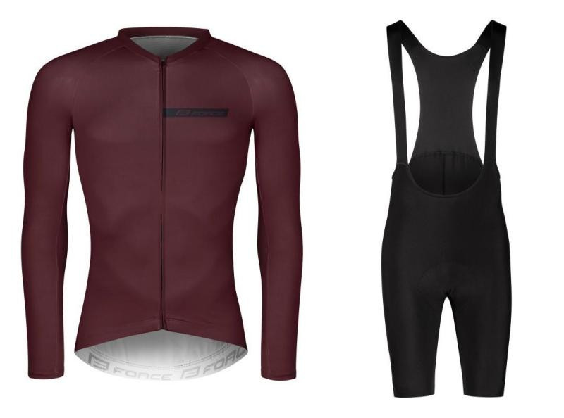 Force CHARM bordó cyklistický dres - dlouhý rukáv + Force ACTION černé cyklokraťasy