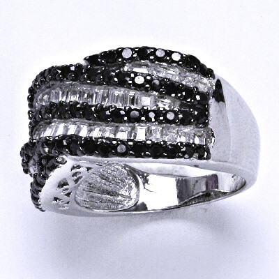Stříbrný prsten, prsten ze stříbra, syntetický čirý a černý zirkon, váha 9,2 g, vel.54