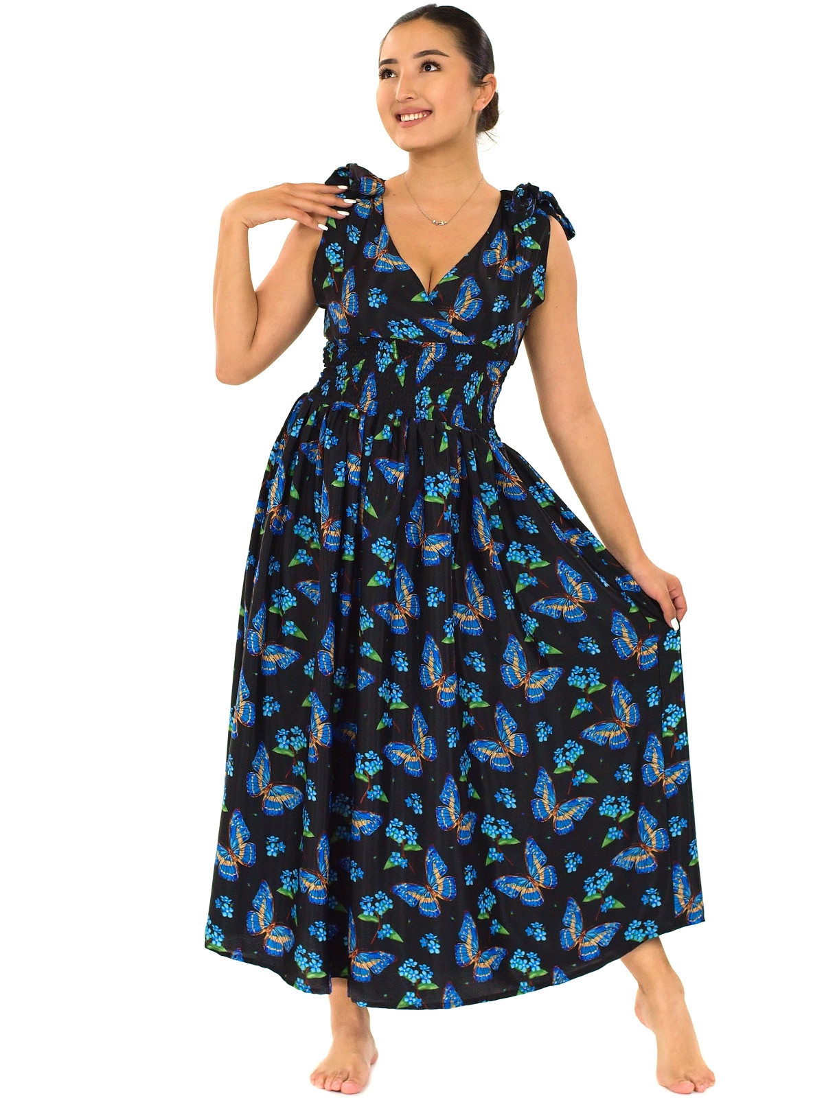 Himalife Šaty se širokými ramínky  Motýli - černá s modrou Velikost: S/M