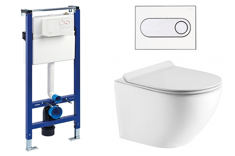 Liv-Fluidmaster Wc set Ring Gips podmítková nádrž do sádrokartonu, mísa, sedátko a bílé/chrom tlačítko 223125 - SET(223125, 223468, OLKLT046E)