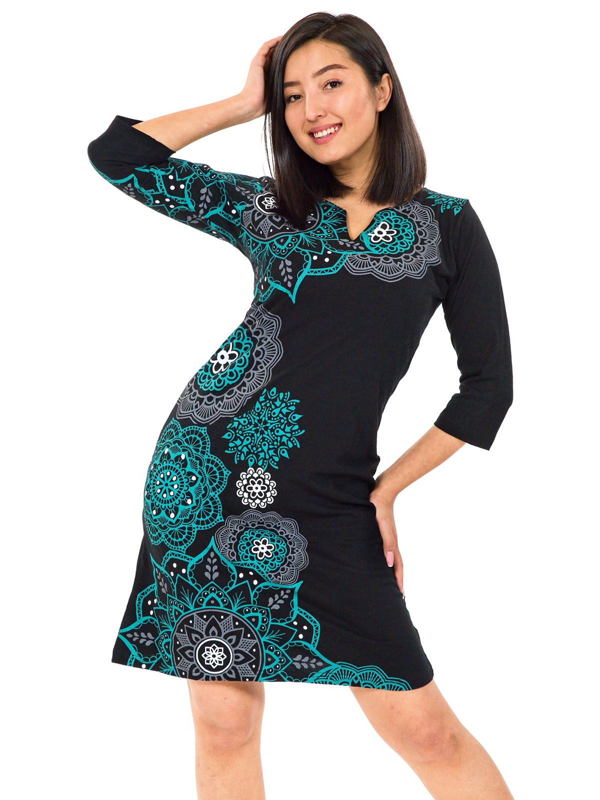 Himalife Šaty s 3/4 rukávem Ailana - černá s tyrkysovou Velikost: 3XL