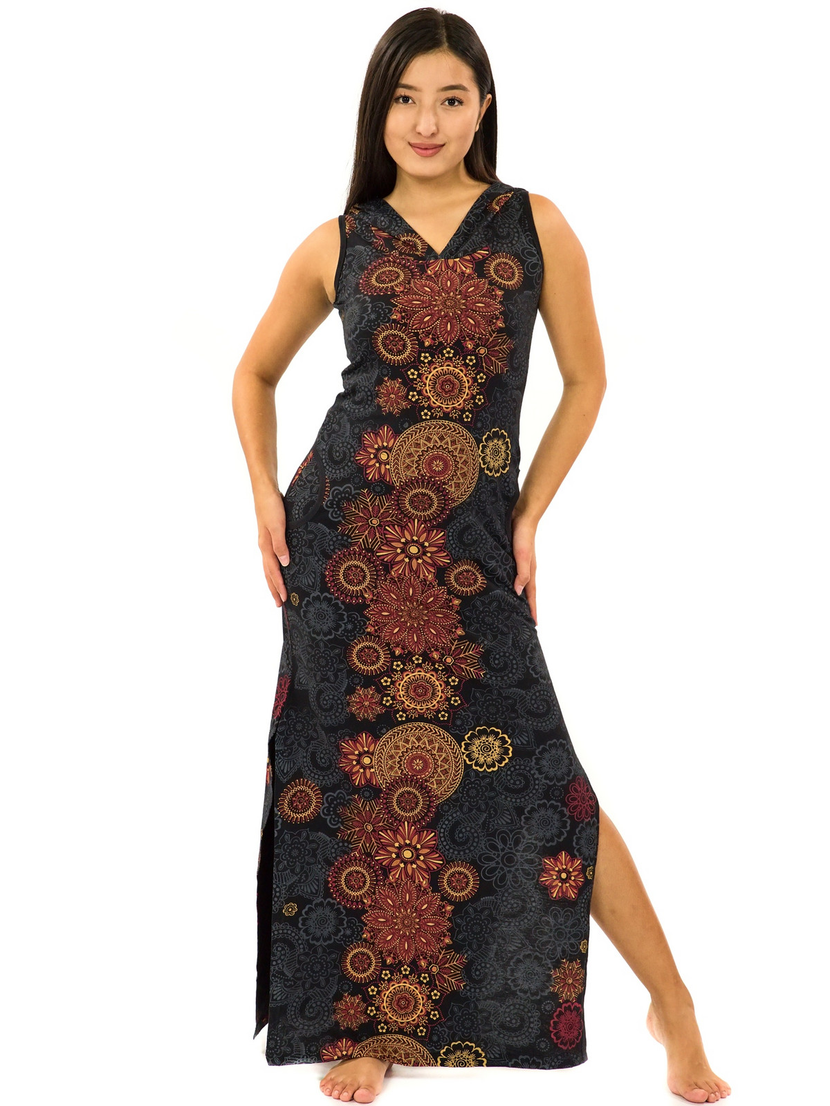 Himalife Dlouhé šaty s kapucí Sharma - černá s oranžovou Velikost: L