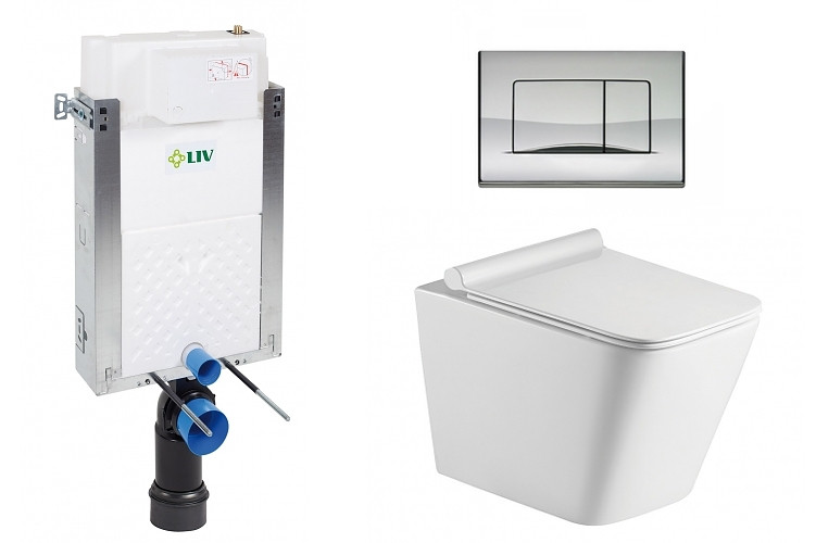 Liv-Fluidmaster Wc set Square Wall podmítková nádrž do zdiva, rimless mísa, sedátko a tlačítko lesklý chrom 195870 - SET(195870, 669931, OLKLT052E)