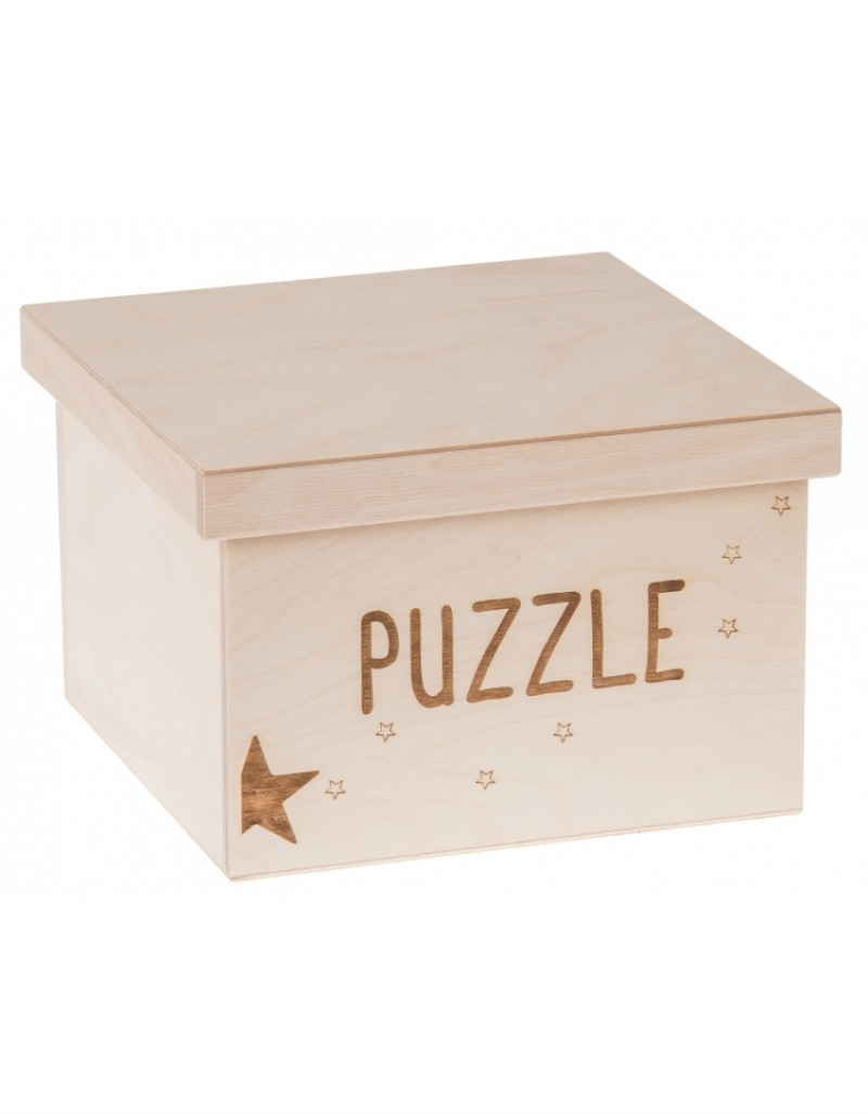 FK Dřevěný box na hračky - Puzzle gravír 20x20x15 cm, Přírodní