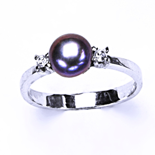 Stříbrný prsten, zirkon, přírodní perla černá, T 1207 pp
