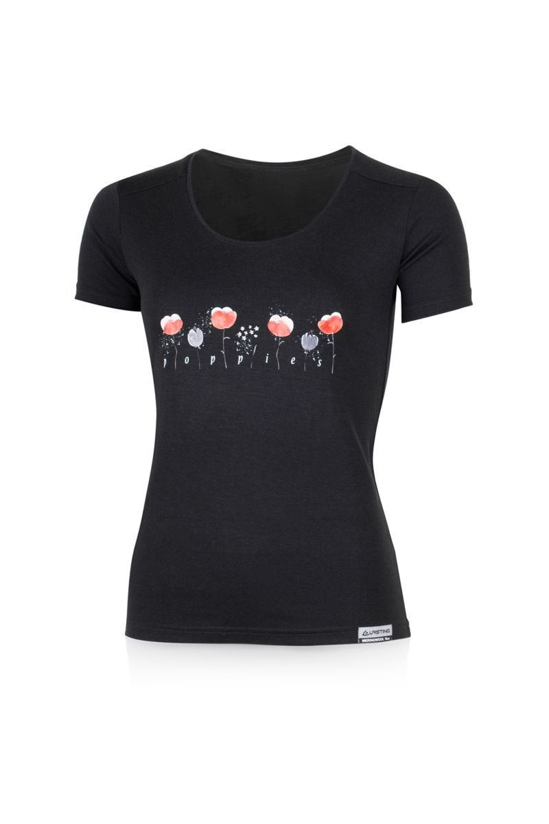 Lasting dámské merino triko s tiskem POPPY černé Velikost: L 8596445059533