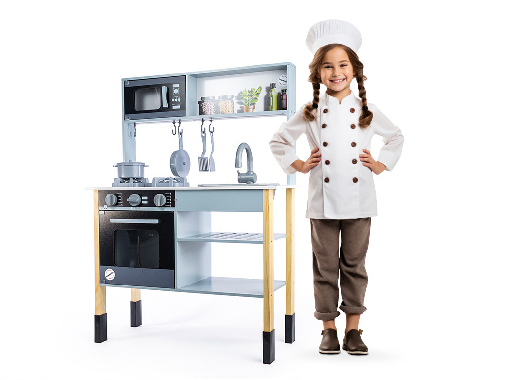 Mamido Mamido Dětská Dřevěná Kuchyňka - Sporák Mikrovlnná trouba Hrnce šedá