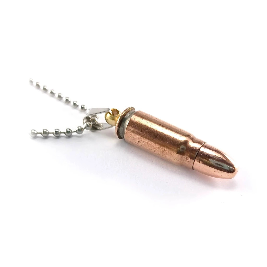 Náhrdelník s poměděným nábojem 7,62x25 Tokarev a nerezovým řemínkem - zlatý