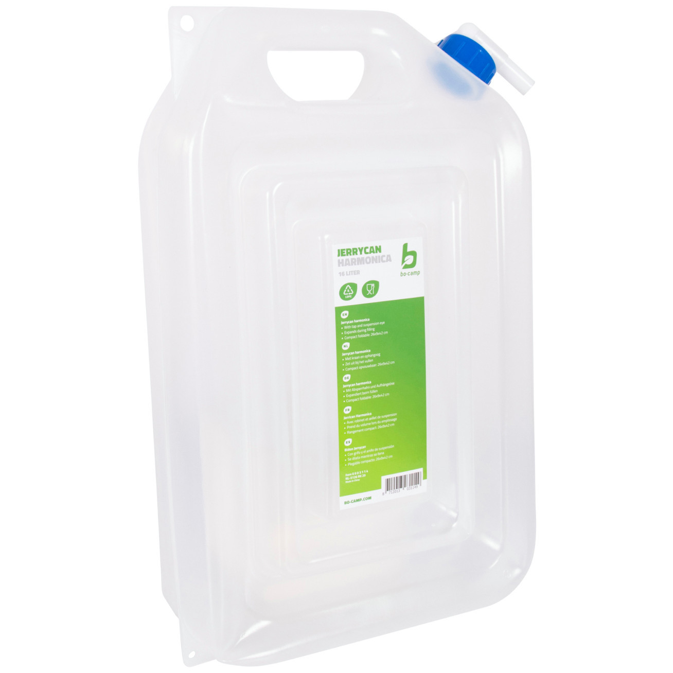 Skládací kanystr Bo-Camp Jerrycan Harmonica w / tap 16 l Barva: Transparent