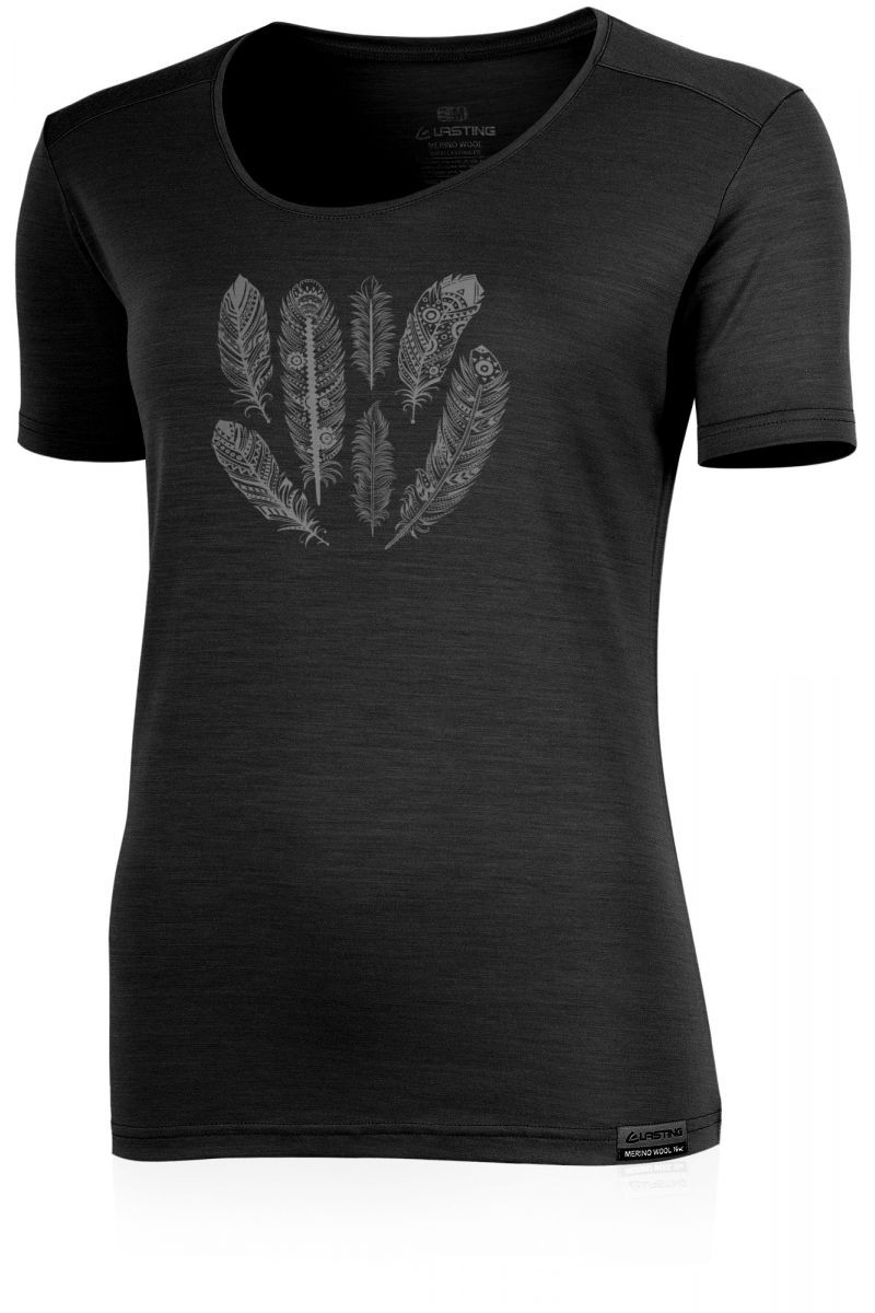 Lasting dámské merino triko s tiskem AVA černé Velikost: XXL 8595067904504