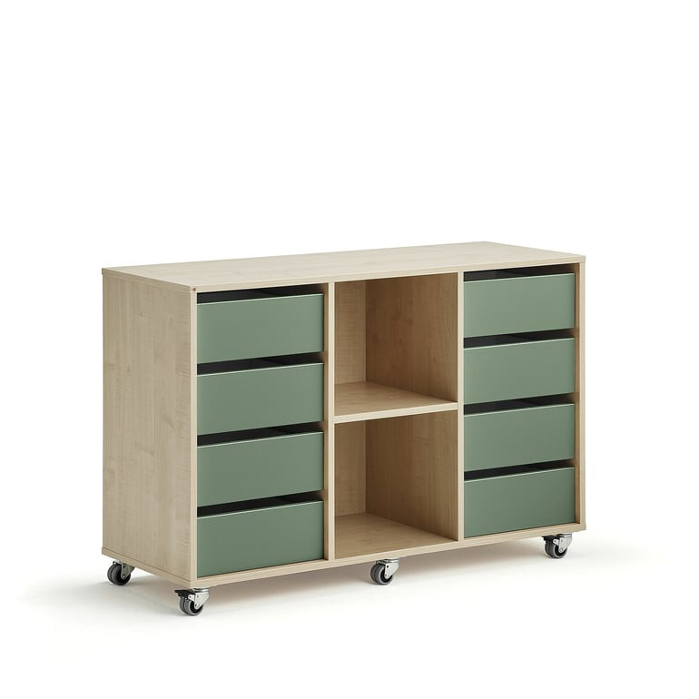 Skříňka CASPER, 8 zásuvek, 2 přihrádky, bříza, tmavě zelená