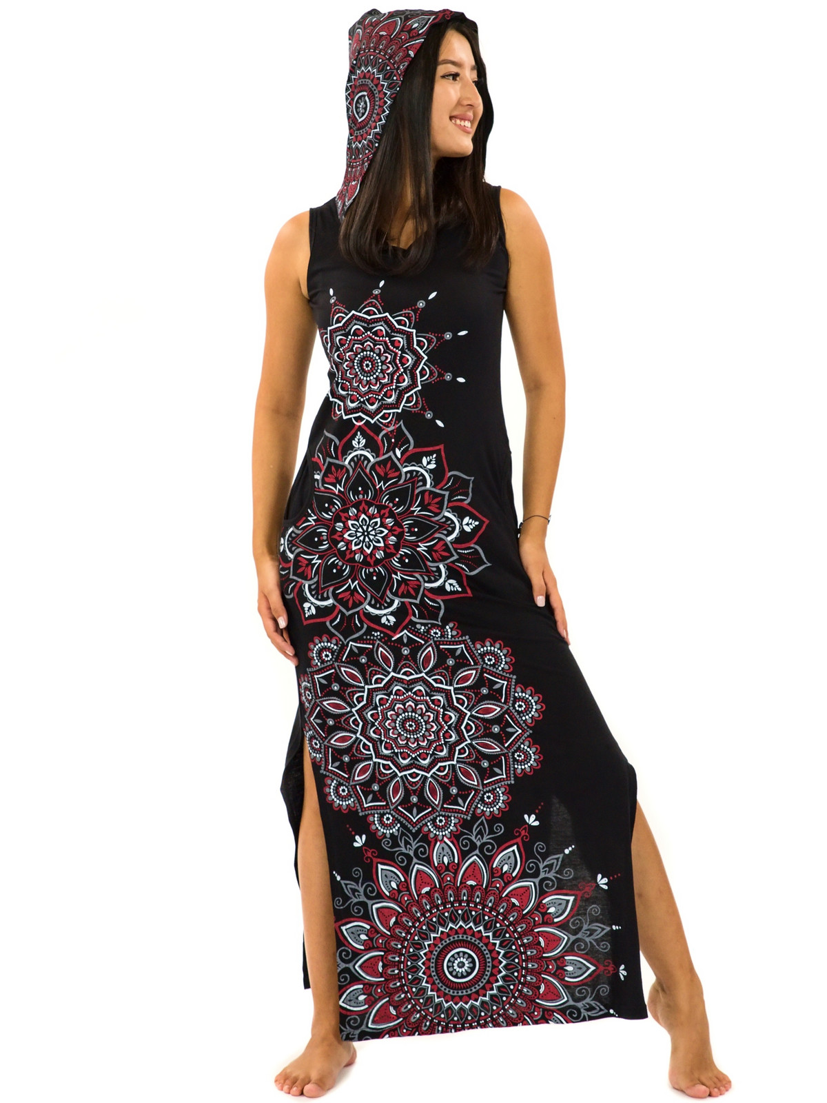 Himalife Dlouhé šaty s kapucí Hanalei - černá s červenou Velikost: L