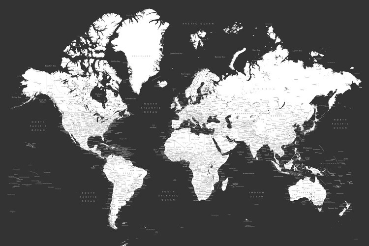 Blursbyai Mapa Black and white detailed world map with cities, Milo, Blursbyai, 40 × 26.7 cm
