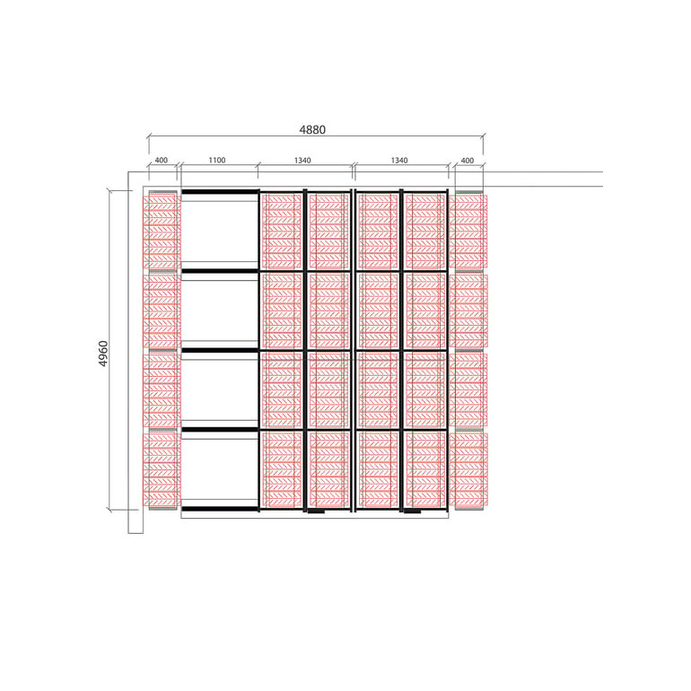 Posuvné regály na pneumatiky - sestava, cca 25 m², 360 pneu, 4880x4960 mm
