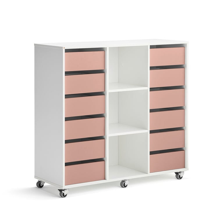 Skříňka CASPER, 12 zásuvek, 3 přihrádky, bílá, tmavě růžová
