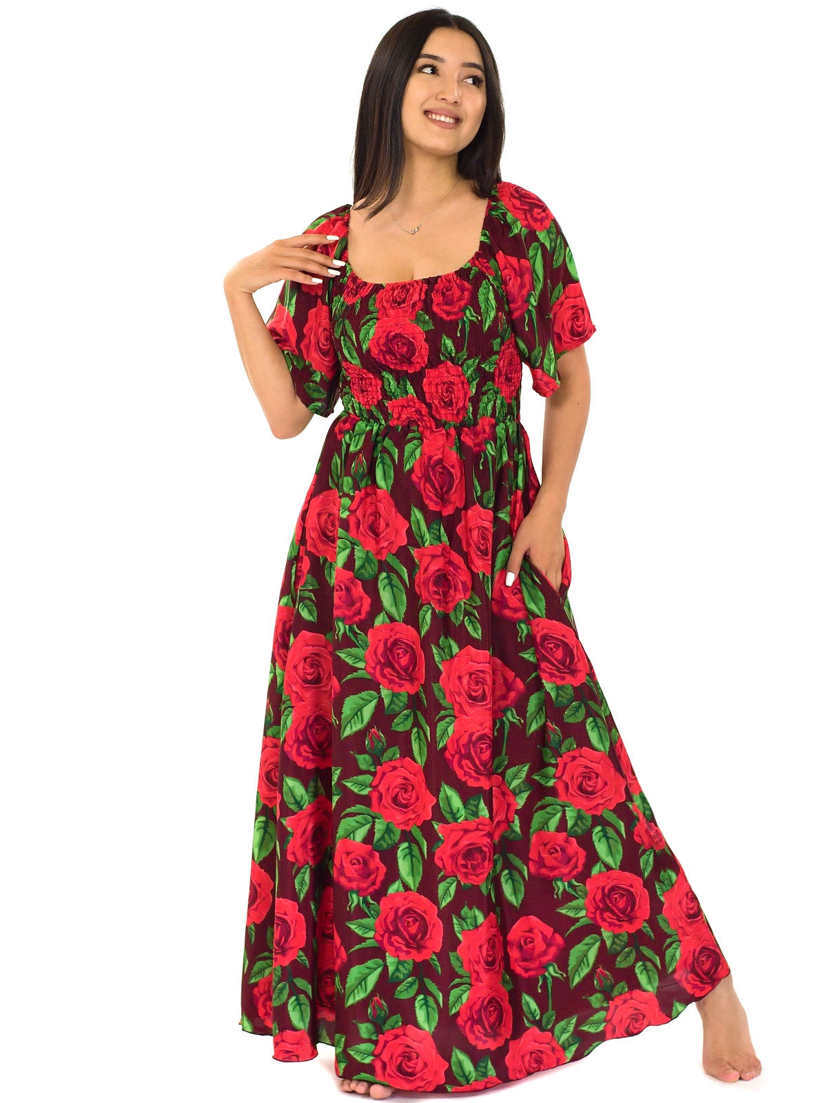 Himalife Dlouhé šaty Růže - hnědá s červenou Velikost: S/M