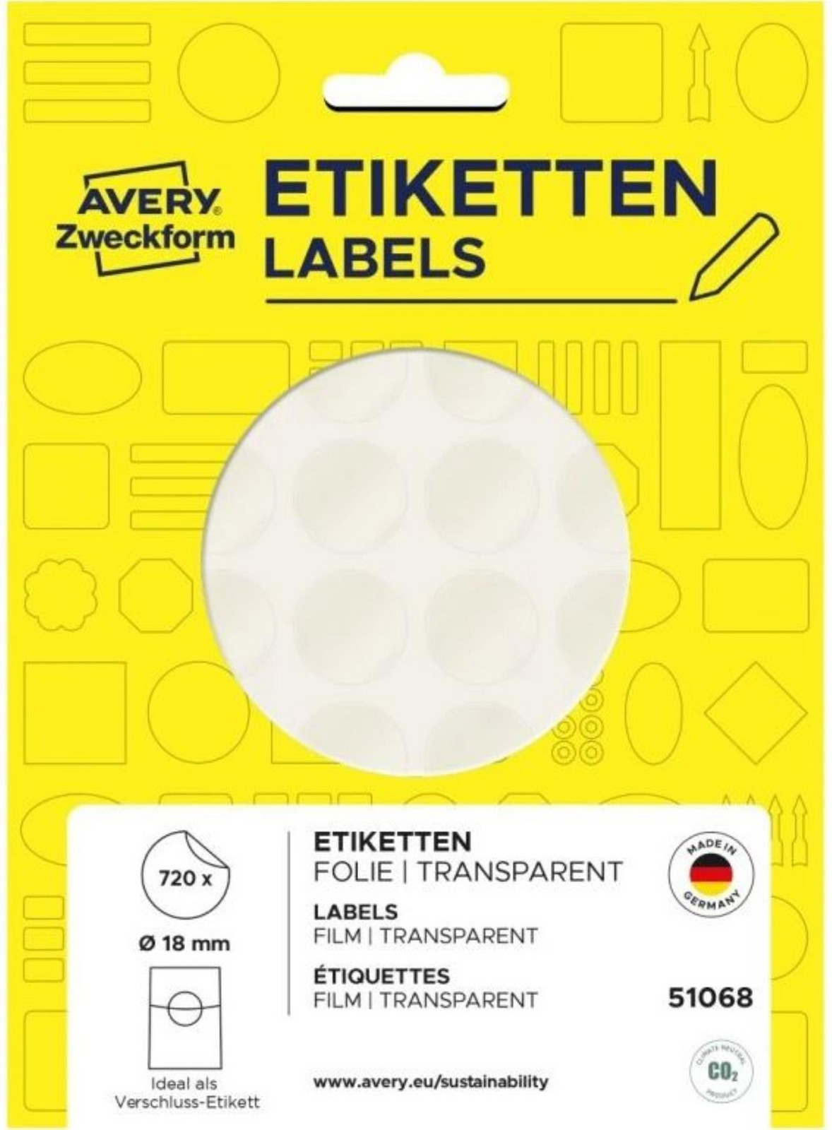 Kulaté uzavírací etikety Avery Zweckform - transparentní, fóliové, průměr 18 mm, 720 ks