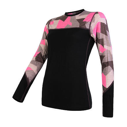SENSOR MERINO IMPRESS dámské triko dl.rukáv černá/růžová camo Velikost: S 8592837061597