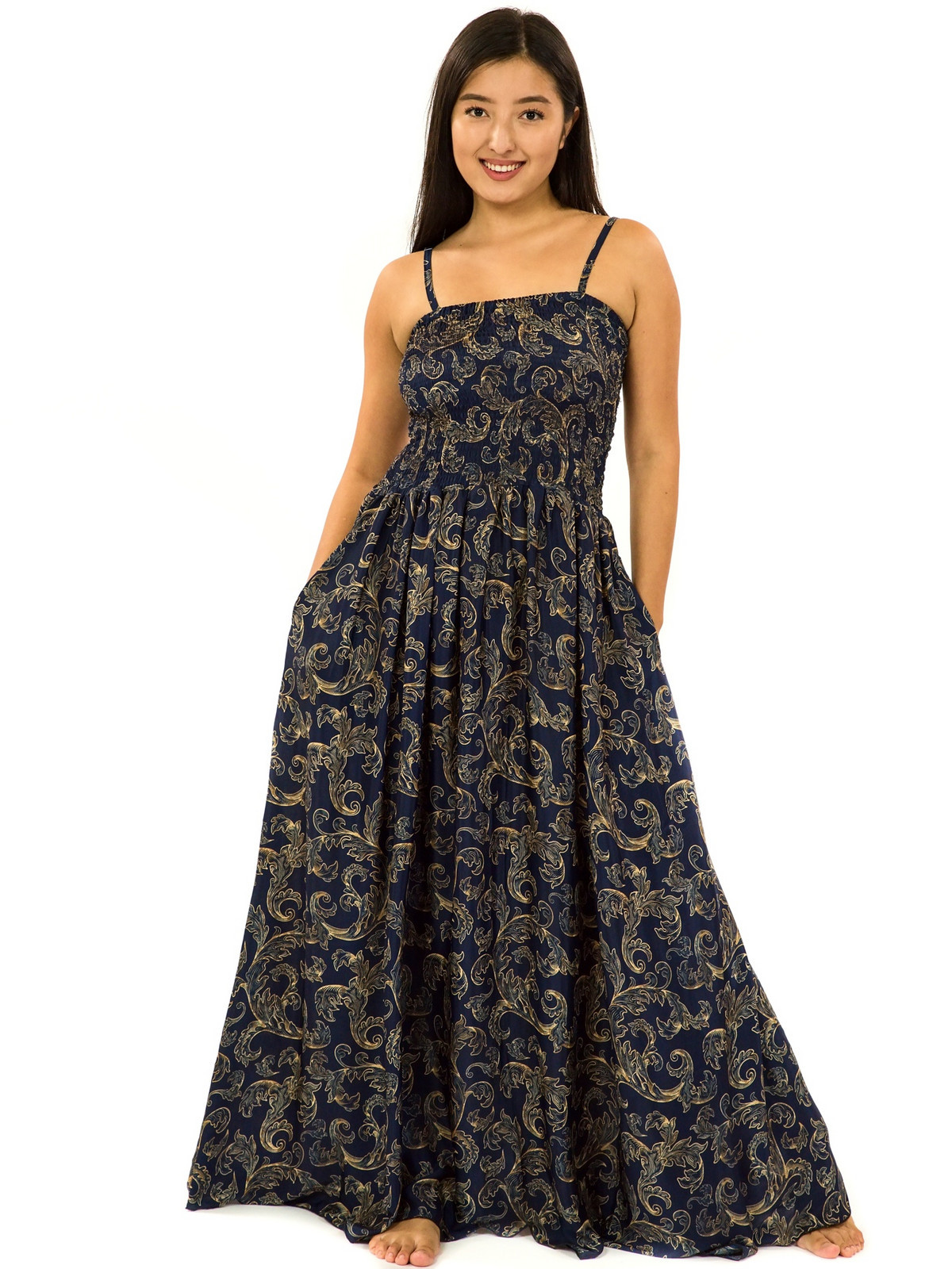 Himalife Dlouhé šaty s kapsami Sárí - tmavě modrá se zlatou Velikost: S/M